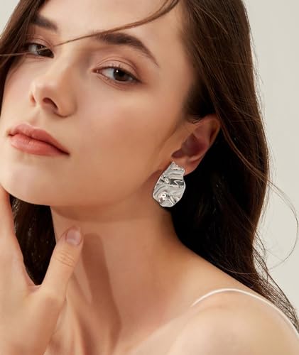 Irregular Gold Stud Earrings for Women Hammered Silver Stud Earrings Statement Geometric Earrings Vintage Gold Earrings - color: 02-Irregular white-gold earrings