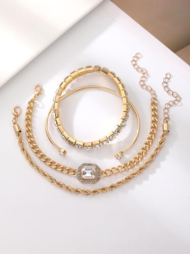 Alegend Titanium Steel (Not Rust, Resist Corruption, Easily Clean) 18K Gold Plated Single Bracelets + 14K Gold Plated Stackable Multilayer Bracelets - style: 14KGold + 4PCS H