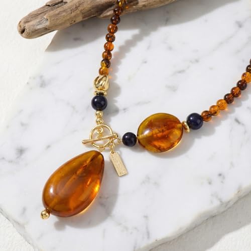 Boho Beaded Pendant Long Necklace for Women - Western Mixed Metal Necklace Style Jewelry Gift - color: Amber Tear