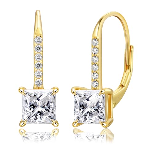 KRKC Moissanite Earrings, 1.0ct-2.0ct D Color Lab Created Diamond Earring, 14k White Gold Plated Sterling Silver Dangle Earrings S925 Leverback Drop Earring for Women Hypoallergenic Jewelry for Gifts - color: Princess-Gold-4.5mm