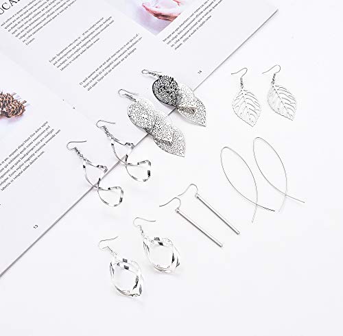 FUNEIA 6 Pairs Drop Dangle Earrings for Women Long Bar Double Twist Wave Curved Threader Cut Out Leaf Lightweight Earrings Set - color: A:Silver