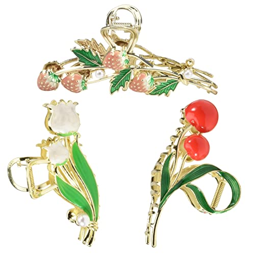 3-Piece Floral Metal Hair Accessories: Strawberry Cherry Tulip Barrettes, Elegant Strong Hold Non-Slip Clamps for Thin/Medium Thick Hair