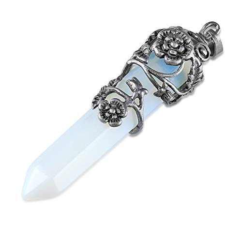 Top Plaza Antique Silver Flower Wrapped Synthetic Opalite Healing Crystal Necklace - color: Synthetic Opalite