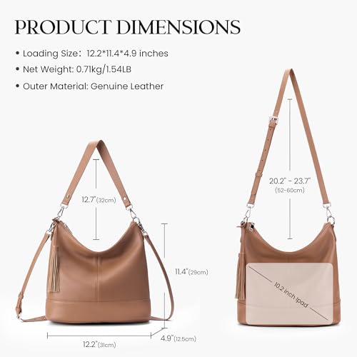 Genuine Leather Hobo Crossbody Bag for Women, Soft Real Leather Bucket, Shoulder Handbag Purse with 2 Removable Strap - color: Mocha