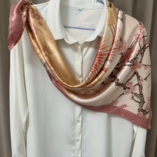 Julunar Silk Like Head Scarf for Women - Satin Large Hair Scarves - 35" Square Silk Hair Wrap for Sleeping with Gift Packed - color: A000-4 Folding Fans Pink