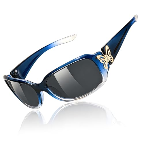 TJUTR Polarized Sunglasses for Women with Wrap Around Butterfly Design, Trendy Jackie-O Style for UV400 Protection - color: A4 Gradient Blue Frame Grey Lenses