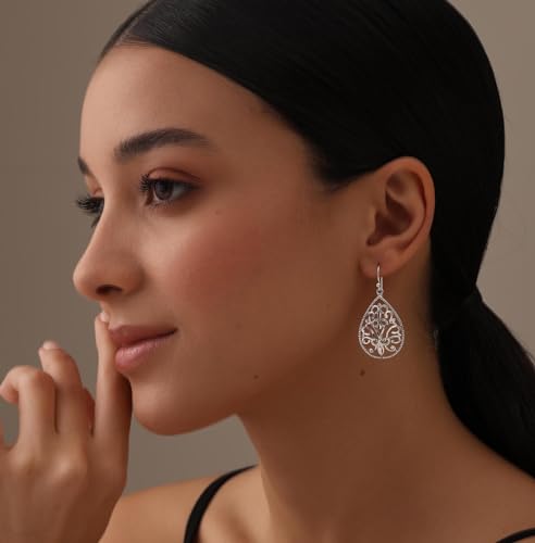 LeCalla Sterling Silver Dangle Earrings for Women | 925 Sterling Silver Long Interlocked Handmade Textured Drop Earring for Women - color: Filigree Teardrop