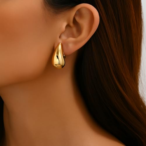 14K Gold Clip On Earrings Women,Teardrop Chunky Detachable Hoop Clip-On Earrings for Non Pierced Ears Hypoallergenic Lightweight Earring Clips - color: Gold