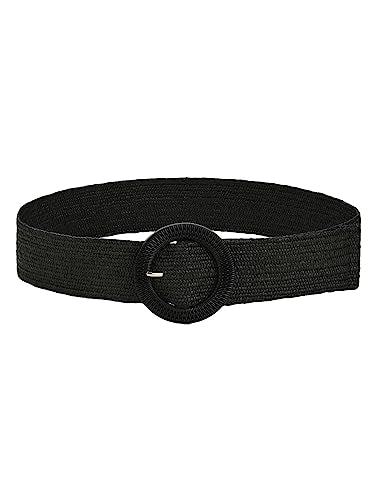 Verdusa Women's Western Belt Cowgirl Boho Straw Belts Round Buckle Elastic Waist Belt - color: Black, size: Suit Waistline 37″-41″