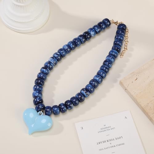 Chunky Colorful Beaded Statement Boho Summer Beach Chokers Necklace Heart Pendant Pink Green Yellow Brown Fashion Jewelry - color: Navy Blue puffy heart
