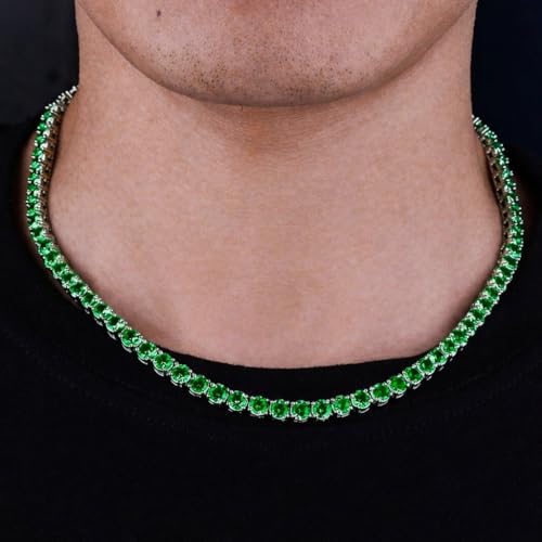 Savlano 18K Gold Plated Cubic Zirconia Round 4.5MM Classic Tennis 18 Inches Chain Necklace For Women & Men Comes With a Gift Box - color: White Gold-Green CZ