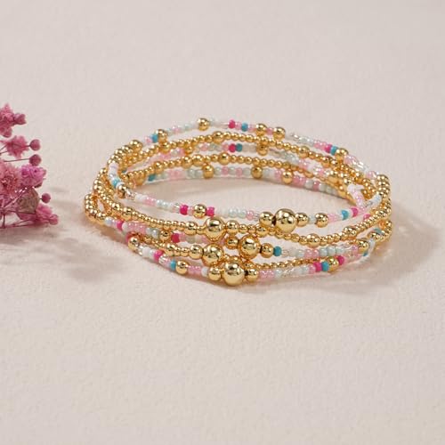 14K Gold Plated Beaded Bracelets Stack Set for Women,Stretch Boho Colorful Beads Ball Jewelry Friendship Summer Trendy - color: Pink ball