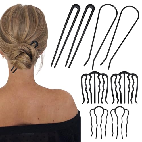 French Hair Pin, 8 PCS Black Hair Pins for Women Metal Hair Side Combs, French Pins Hair, U Shaped Hair Pins for Buns Updos, French Pins Hair Stick Pin Hair Combs for Styling Hairpin Hair Accessories - color: Black-1