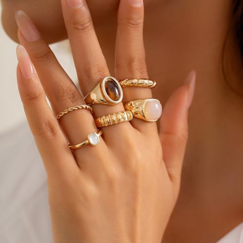 Chunky Gold Rings for Women Non Tarnish Silver Chunky Rings Set Adjustable Thick Statement Ring Gold Stackable Ring for Women Trendy Fashion Silver Jewelry - style: Style8-Gemstone Gold 6Pcs