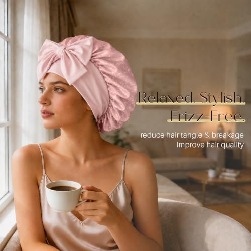 ZIMASILK 100% Mulberry Silk Bonnet for Sleeping Women Long Hair Double Layer Silk Hair Wrap with Tie Band Stay On Head (1Pc, Blush Flower) - color: Blush Flower