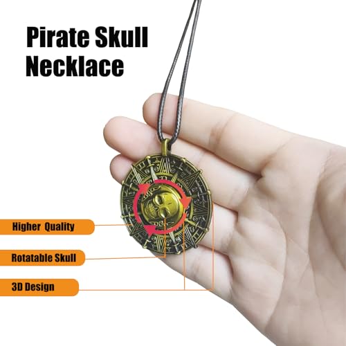 Pirate Coin Necklace, Double-Sided Antique Brass Pirate Accessories, Skull Necklace for Men Women and Kids, Halloween Costume Accessories for Pirate Party Cosplay, Halloween Dress Up Party Favors