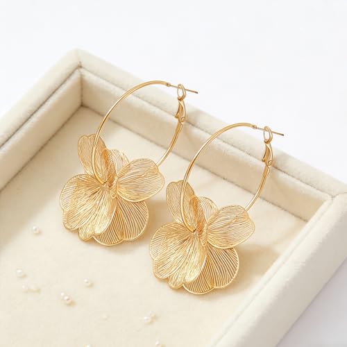 Gold Flower Earrings for Women Boho Orchid Earrings Floral Hoop Petal Earring Prom Wedding Jewelry - style: A:GOLD