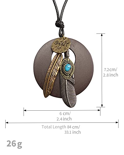 Leather Necklace for Women Long Boho Necklace Bohemian Choker Vintage Necklace Braided Boho Jewelry with Adjustable Brown Leather Cord - color: Feather Wood Necklace