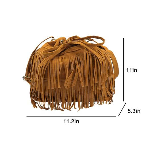 Fringe Hobo Purse Bags for Women Crossbody Purses with Drawstring Ladies Tassel Tote Shoulder Bucket Handbags,Brown - color: Brown(barrel Shape)