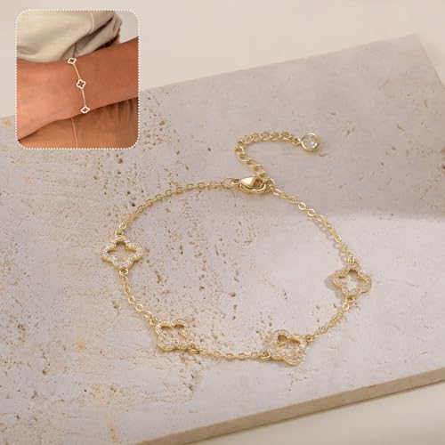 Dainty Silver Gold Bracelets for Women Trendy Non Tarnish 14K Gold Plated Cute Clover Bracelet Stackable Daisy Cubic Zirconia Diamond Charm Bracelet Stack Waterproof Jewelry Gifts - color: B- CZ Clover Bracelet- Gold