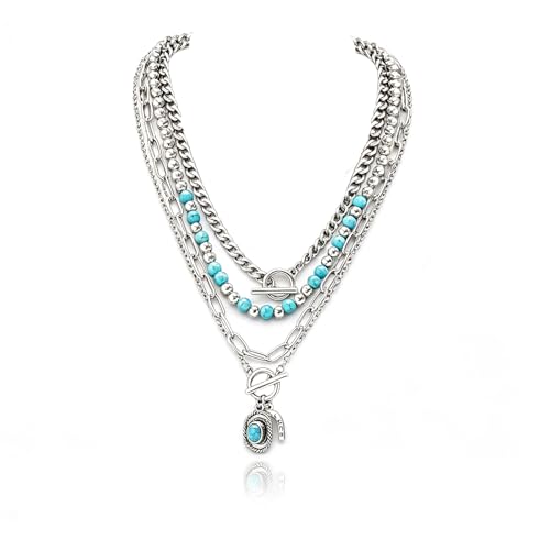 Western Necklaces Boho Turquoise Cross Necklace Set Navajo Pearl Beaded Layered Choker Cowgirl Christian Western Jewelry for Women - color: Style-D