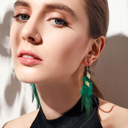 Feather Earrings for Women Bohemian Fringe Tassel Long Drop Dangle Earrings Lightweight Boho Statement earrings - color: green