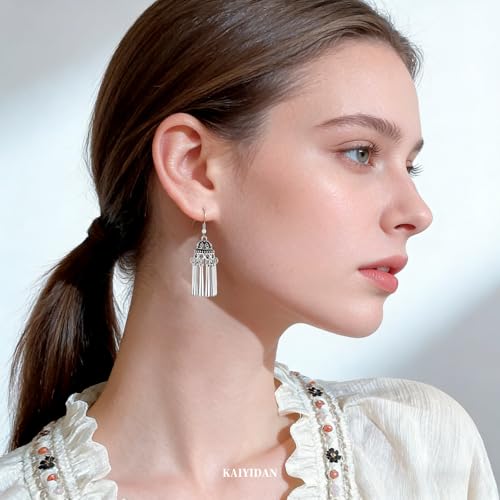 Silver Dangle Earrings For Women Trendy,Boho Cute Drop Western Earings,Vintage Gothic Ethnic Statement Beach Vacation Long Earrings with Leaf Teardrop Turquoise Crystal Tassels,Fashion Jewelry Birthday Gift. - color: A51) Lunky Roller Teardrop Tassles