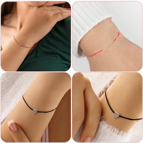 Skrfren 10 Pack Heart Friendship Bracelets, Adjustable Heart Bracelet with Gold Hearts Cord Red Bracelets for Women with Gold Hearts, Red Thread Bracelet for Women Friends Partners Lovers