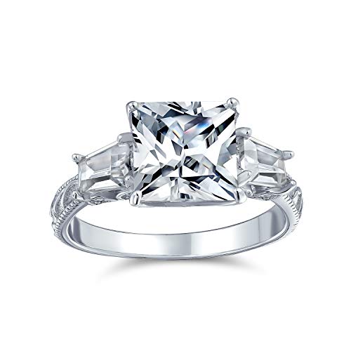 Bling Jewelry Personalize Vintage Antique Style 3CT AAA CZ Baguette Side Stones Solitaire Square Brilliant Princess Cut Engagement Ring Milgrain Filigree Band .925 Sterling Silver Customizable