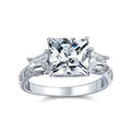 Bling Jewelry Personalize Vintage Antique Style 3CT AAA CZ Baguette Side Stones Solitaire Square Brilliant Princess Cut Engagement Ring Milgrain Filigree Band .925 Sterling Silver Customizable