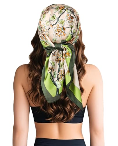Sumolux Head Hair Scarf for Women Like Satin Silk Scarf Bandana Hair Wrapping Night Large Square Scarves 27.5" - color: Green Butterfly Flower