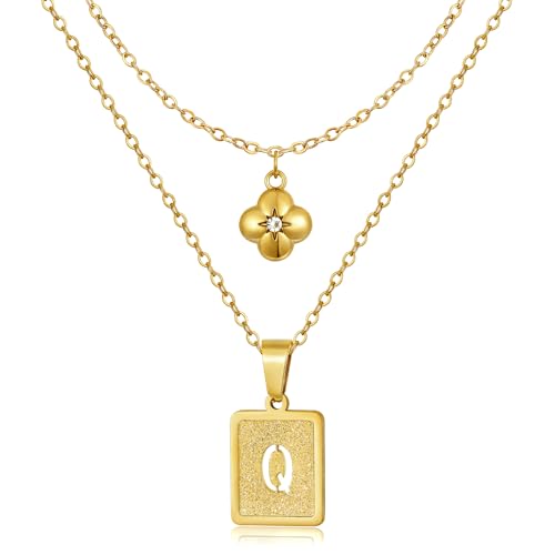 KELORIS PATH Layered Initial Necklaces for Women, 18K Gold Plated Stainless Steel Necklaces Set with Dainty Four Leaf Clover Square Cutout Letter Pendant, Fashion Jewelry for Gifts - style: Q Letter