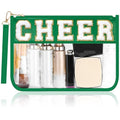 BuyCard Cheer Chenille Letter Bags Clear Makeup Bag, Cheerleader Gifts Cosmetic Bag, Varsity Preppy Patch Flat Pouch Cheer Accessories, Waterproof PVC Organizer Toiletry Bag for Women Girls Green - color: Green-Cheer