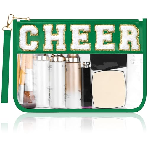 BuyCard Cheer Chenille Letter Bags Clear Makeup Bag, Cheerleader Gifts Cosmetic Bag, Varsity Preppy Patch Flat Pouch Cheer Accessories, Waterproof PVC Organizer Toiletry Bag for Women Girls Green - color: Green-Cheer