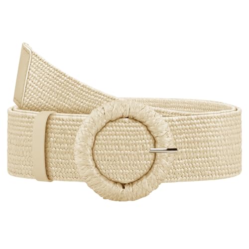 Straw Woven Elastic Belt for Women, Boho Braided Raffia Waist Belt, Stretch Rattan Belt for Summer Dresses - color: Round Buckle-beige, size: S: Fit waist size up to 29"