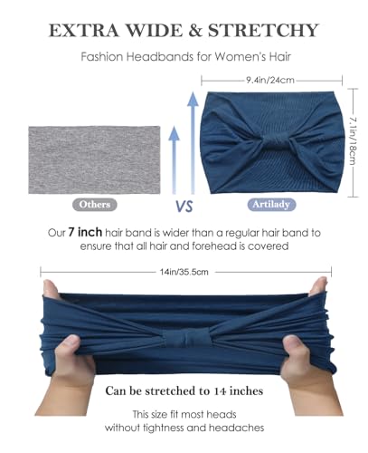 Artilady 7" Wide Headbands for Women Extra Large Stretchy Headwrap Soft Elastic Non Slip Head Bands Sports Yoga Running Hair Bands Boho Turban Hair Accessories 6 PCS - color: Solid color 2