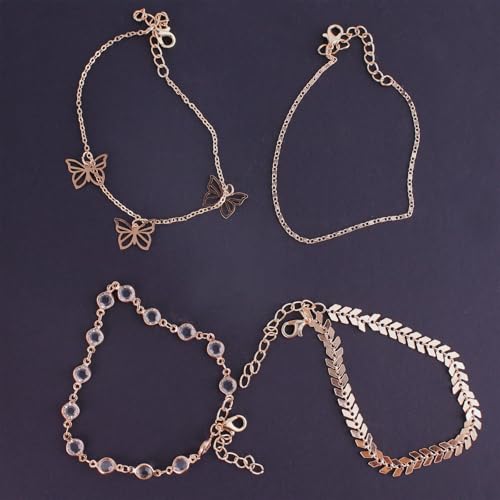 4PCS Bow Anklet for Women, 4-Layered Lightweight Simple Chain Bow Ankle Bracelet Set, Elegant Women's Fashion Jewelry, Ideal for Casual and Special Events - color: Rose-Gold