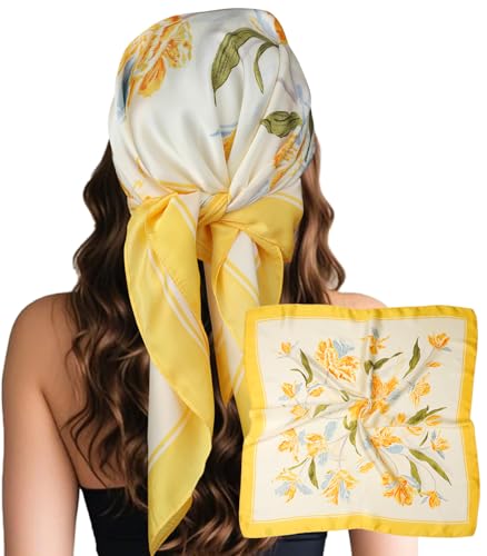 Sumolux Head Hair Scarf for Women Like Satin Silk Scarf Bandana Hair Wrapping Night Large Square Scarves 27.5" - color: Yellow Flowers