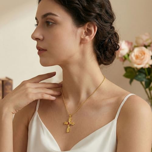 14K Gold Cross Necklace Gold Cross Pendant Necklace Christian Faith Jewelry Gifts for Women - style: D-Baroque Cross