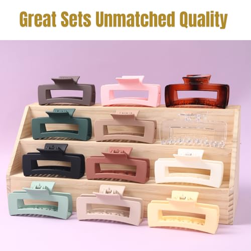 12 Pcs Large Square Hair Claw Clips for Women, 4.3-Inch Matte Rectangle Claw, Strong Hold Non-slip Hair Clips for Thick & Thin Hair,Mixed Color for Gifting, Work, and Daily Styling - color: Multicolor