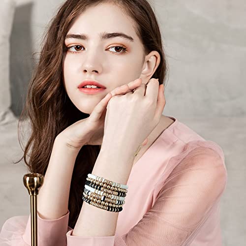 GOOJIDS Surfer Heishi Clay Bead Bracelets for Women Bohemian Stackable Gold Plated Beaded Stretch Bracelets Elastic Layering Friendship Bracelets Set Boho Jewelry - color: E-Black&White 7pcs