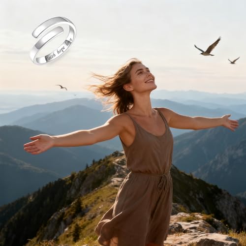 Sonateomber Gold Silver Faith Open Rings for Women ，Adjustable Minimalist Personality Encouragement Hope Love Healing Promise Ring Wedding Festival Accessories Fashion Jewelry Gift - color: Faith hope love