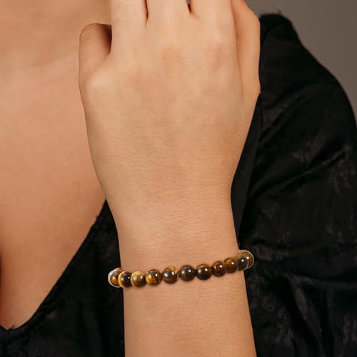 Gnamy Healing Crystal Bracelet for Women, Natural Stone Beaded Healing Crystal Bracelet Triple Protection Stress Relief Beads Jewelry Birthday Gifts Jewelry for Her - style: Tiger Eye