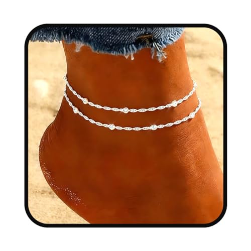 Yalice 925 Silver Ankle Bracelets Chain for Women Dainty 14K Gold Plated Waterproof Beads Anklets Layered Beach Foot Jewelry Gift - color: Silver-Satellite Chain