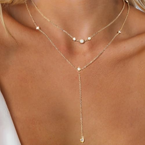DALI Long Gold Necklaces for Women, Dainty Layered Sterling Silver Plated Y Shaped Necklace Stack Non Tarnish Cross CZ Pendant Long Chain Choker Adjustable Necklaces Jewelry for Vacation Christmas - color: Gold CZ Long Necklace