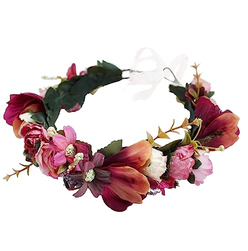 Vivivalue Wedding Flower Crown Adjustable Flower Headband Hair Wreath Floral Headpiece Halo Boho Party Prom Festival Photos - color: R