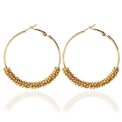 2 Pairs Bohemian Colorful Beads Circle Round Hoop Earrings Gold Hoop Dangle Earrings for Women Vintage Boho Jewelry - color: yellow blue