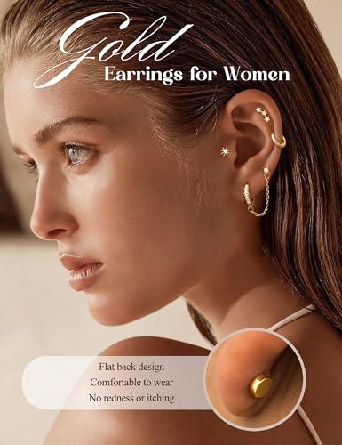 Florideco Flat Back Earrings Hypoallergenic Surgical Steel Earrings for Women Trendy Cartilage Chain Earring 14K Gold Plated Star Heart CZ Flatback Stud Earring Sets for Multiple Piercing - color: Gold