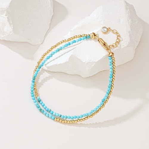 Fettero Beaded Bracelets for Women Charm Natural Stone Handmade Beads White Gold Plated Dainty Gold Bracelets Non Tarnish Boho Summer Beach Vacation Jewelry - color: Light Blue Turquoise