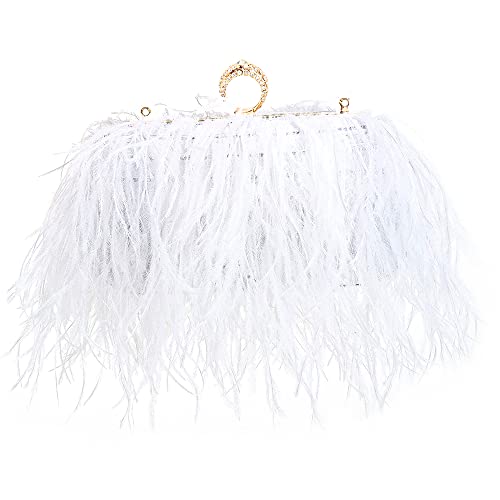 Women Real Natural Ostrich Feather Evening Bags Purses Clutch Vintage Banquet Handbag - color: White